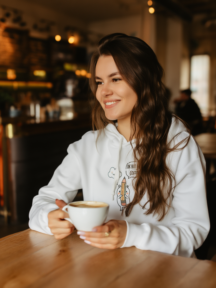 ok but first coffee – minimal graphic hoodie for women (white) ok but first coffee – minimal graphic hoodie for women (white)