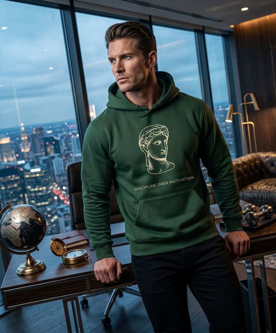 discipline over motivation" stoic greek statue premium hoodie | forest green oversized pullover | gym & streetwear motivational hoodie for men discipline over motivation" stoic greek statue premium hoodie | forest green oversized pullover | gym & streetwear motivational hoodie for men