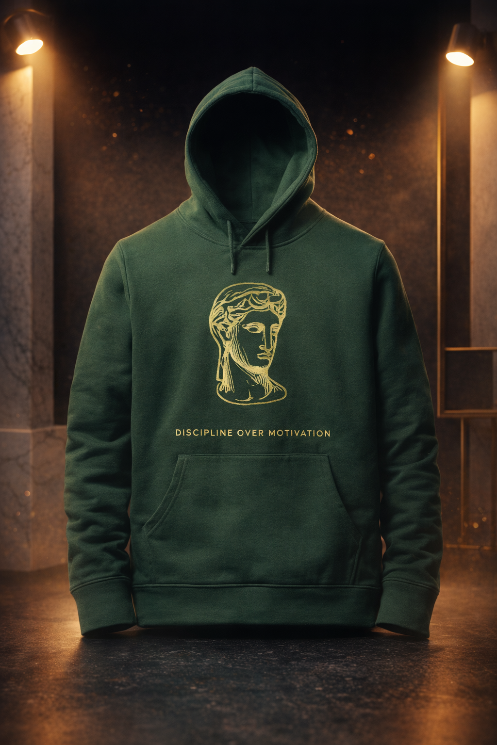 discipline over motivation" stoic greek statue premium hoodie | forest green oversized pullover | gym & streetwear motivational hoodie for men discipline over motivation" stoic greek statue premium hoodie | forest green oversized pullover | gym & streetwear motivational hoodie for men